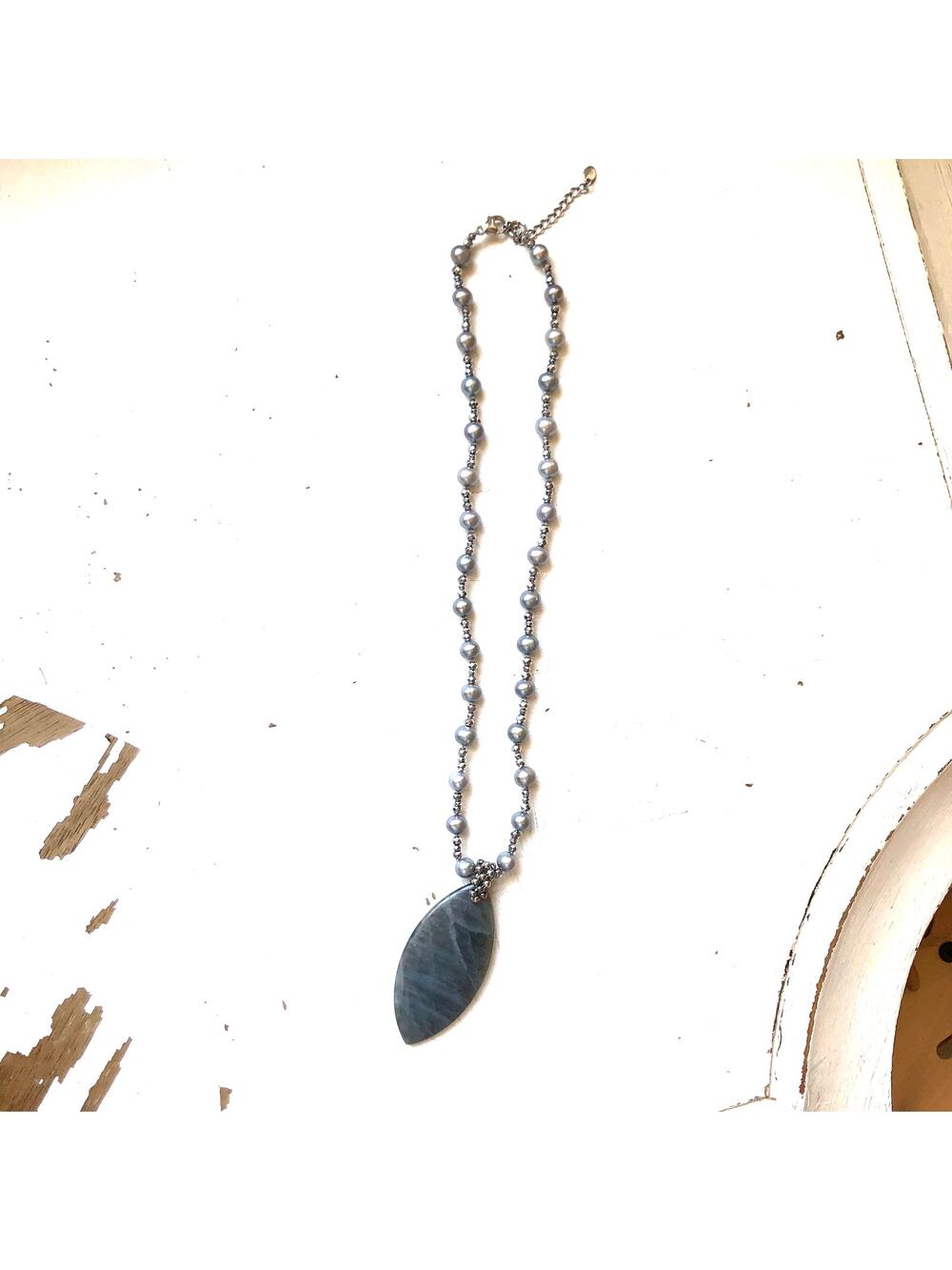HSN Lucoral Company NWOT Sterling Silver Beaded Necklace With Gray/Green Pendant